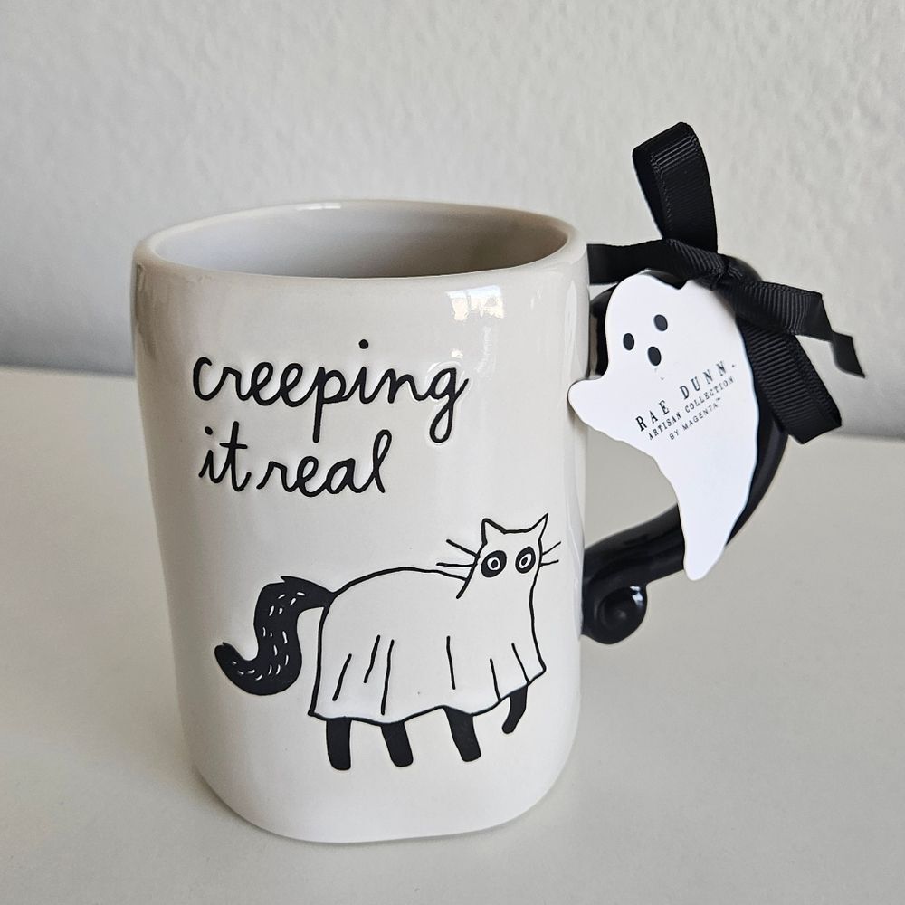 NEW Rae Dunn | 'Creeping It Real' Black Cat Ghost Ceramic Tea Mug Coffee Cup
